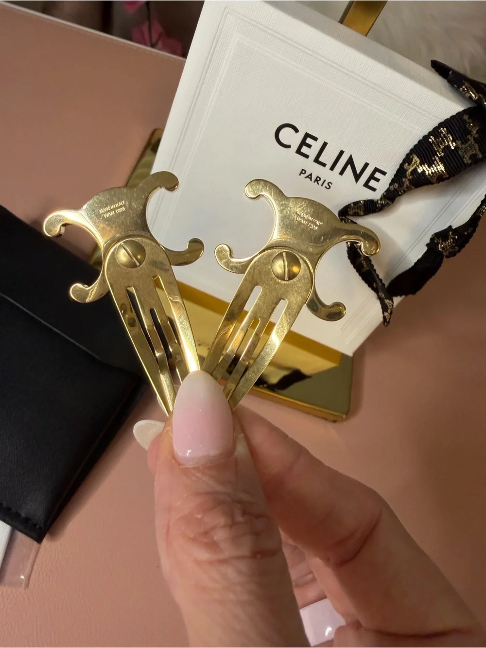 Celine Gold Triomphe Hair Clips with Black Pouch and Ribbon